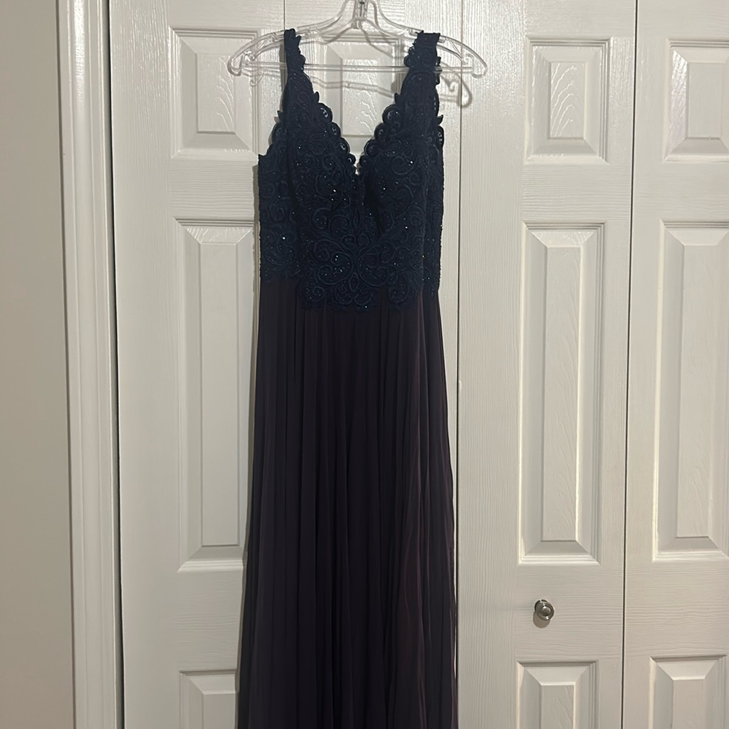 Navy Blue And Dark Plum Floor Length Dress With Sequined Embroidery Size 8